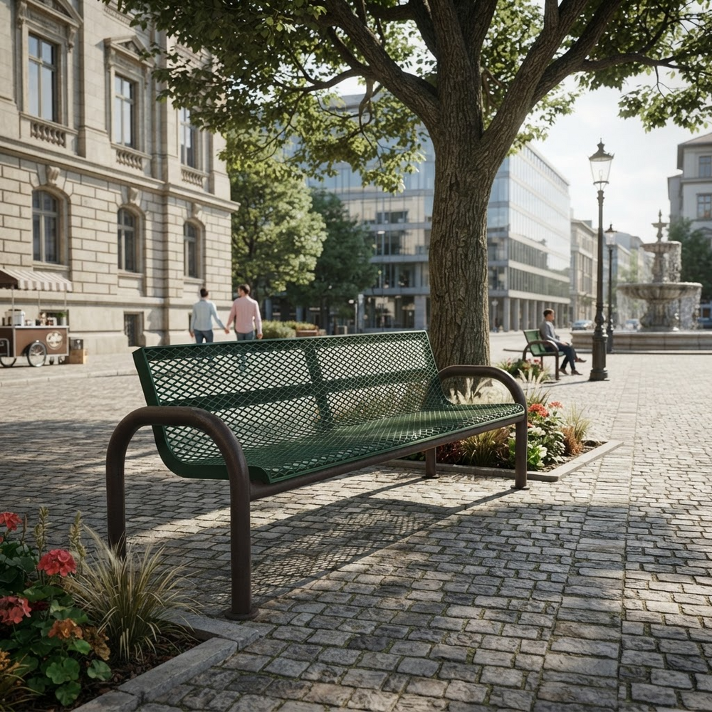 A green metal park bench with a lattice seat and dark curved armrests, placed outdoors on a cobblestone plaza beside a large tree in a city setting.