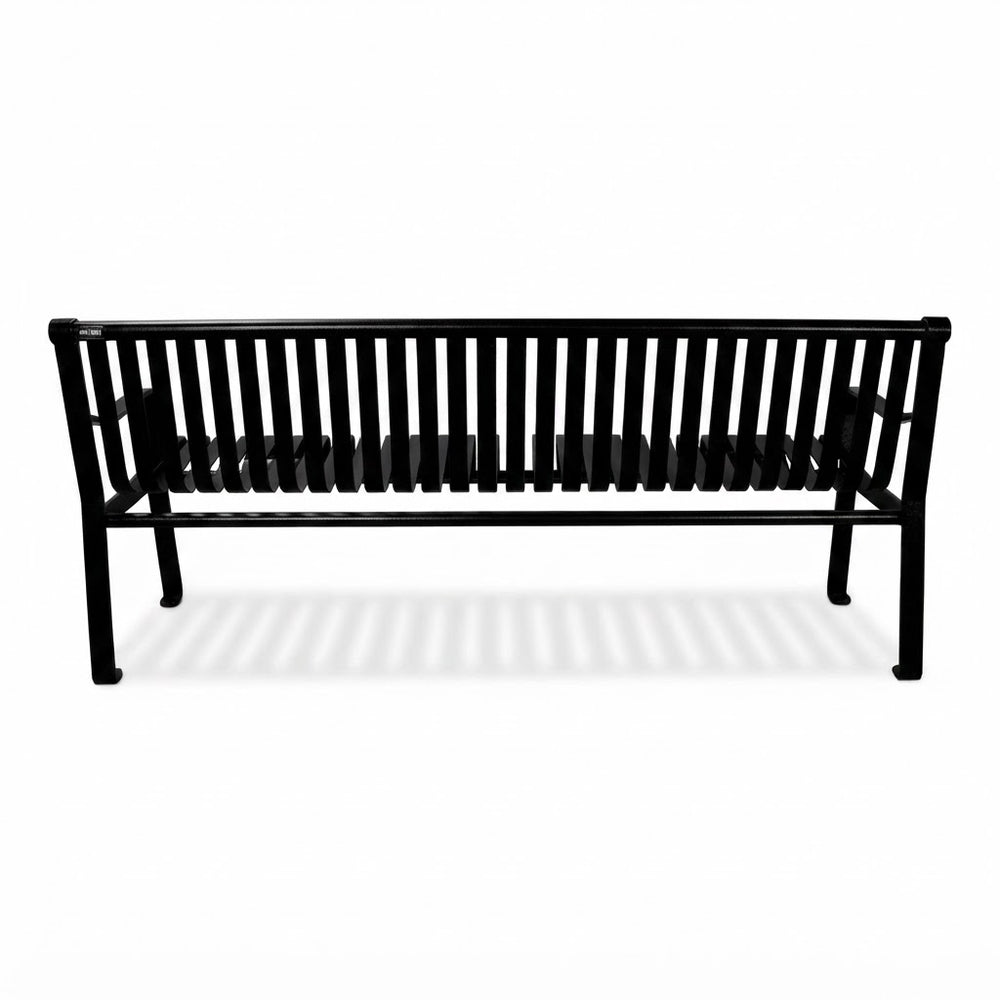 A black metal outdoor bench with a slatted back and seat, shown from the front on a plain white background.