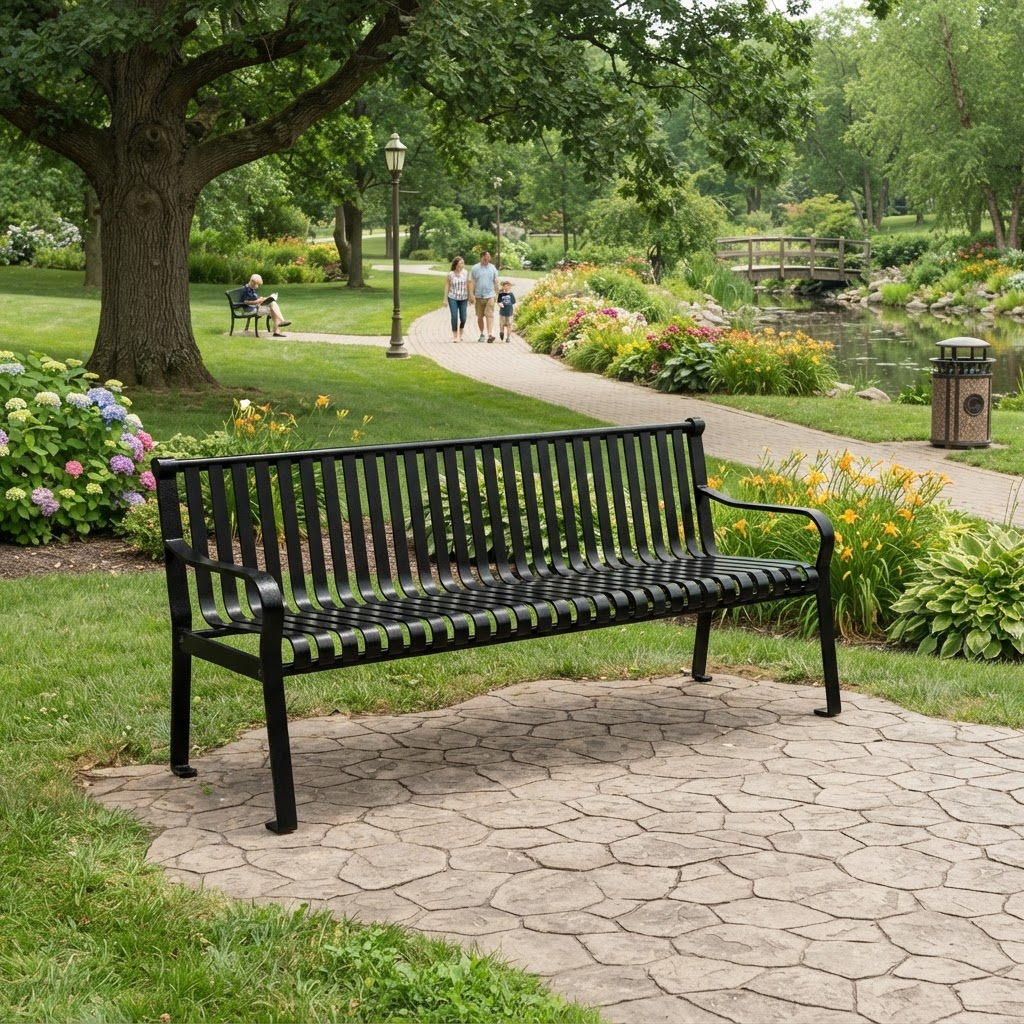 A black metal park bench with a slatted back and seat, placed on a stone patio in a lush green park with walking paths, trees, and flowers in the background.