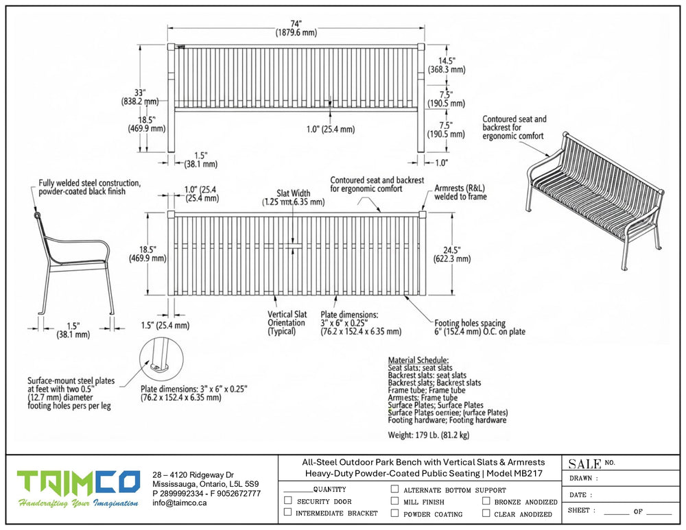 Technical dimension drawing of a bench with front and side views, measurements, notes, and a small rendered side-view illustration on a white background. The brand name TRAMCO is visible at the bottom.