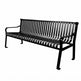 A black metal outdoor bench with a slatted back and seat, shown at a three-quarter angle on a plain white background.