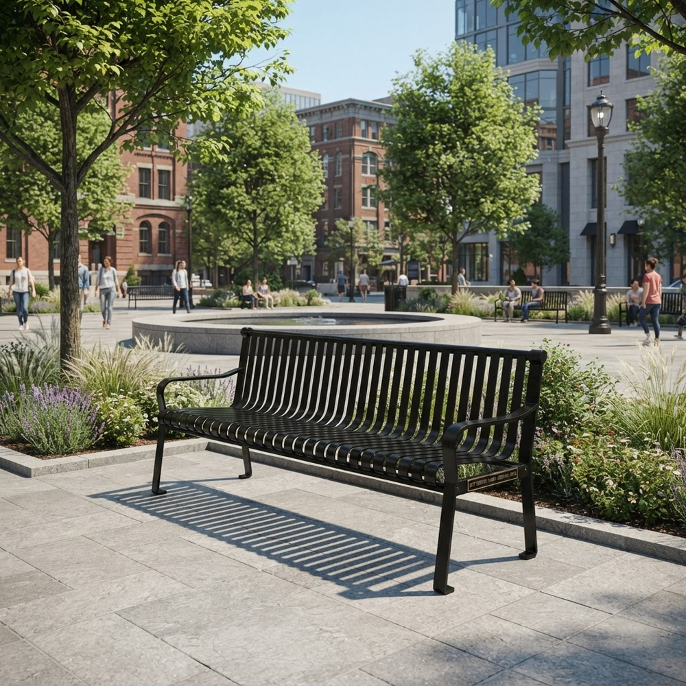 A black metal slat bench in an urban plaza with trees, walkways, and distant buildings, shown in a real outdoor environment with people and landscaping visible.