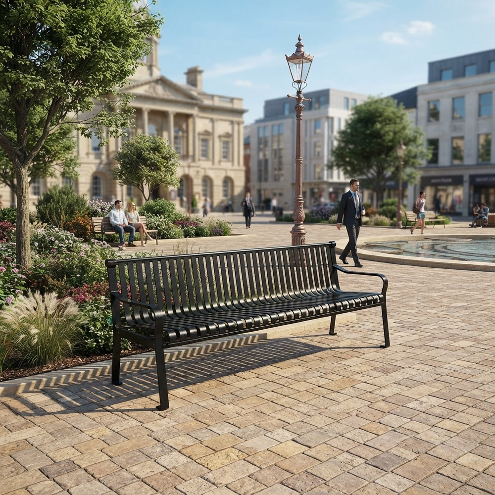 A black metal slat bench in a modern town square with paved stone walkways, trees, benches, a lamppost, and distant buildings under a blue sky.