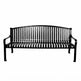 A black metal outdoor bench with a slatted back and seat, shown from the front against a plain white background.