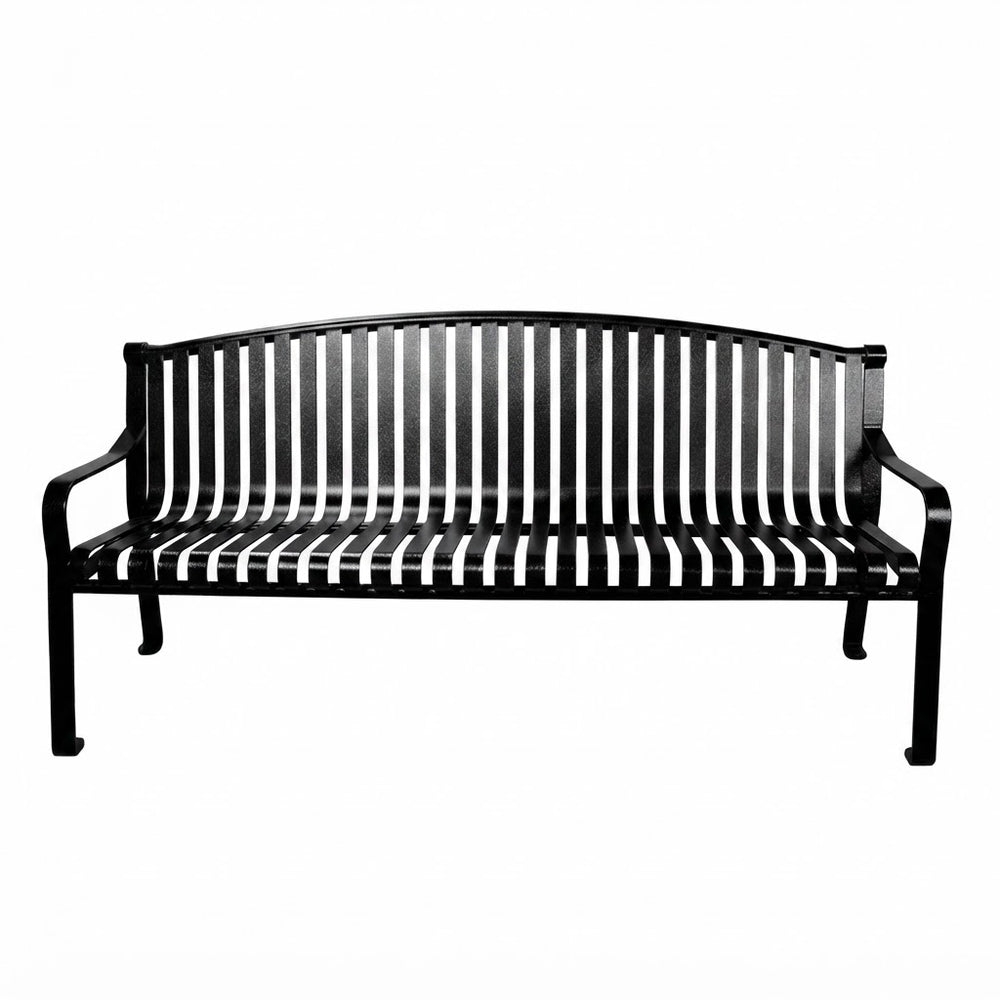 A black metal outdoor bench with a slatted back and seat, shown from the front against a plain white background.