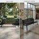 A split-screen comparison of a black metal slatted park bench in two settings: a public park with trees and flowers on the left, and a community center interior with large windows on the right.
