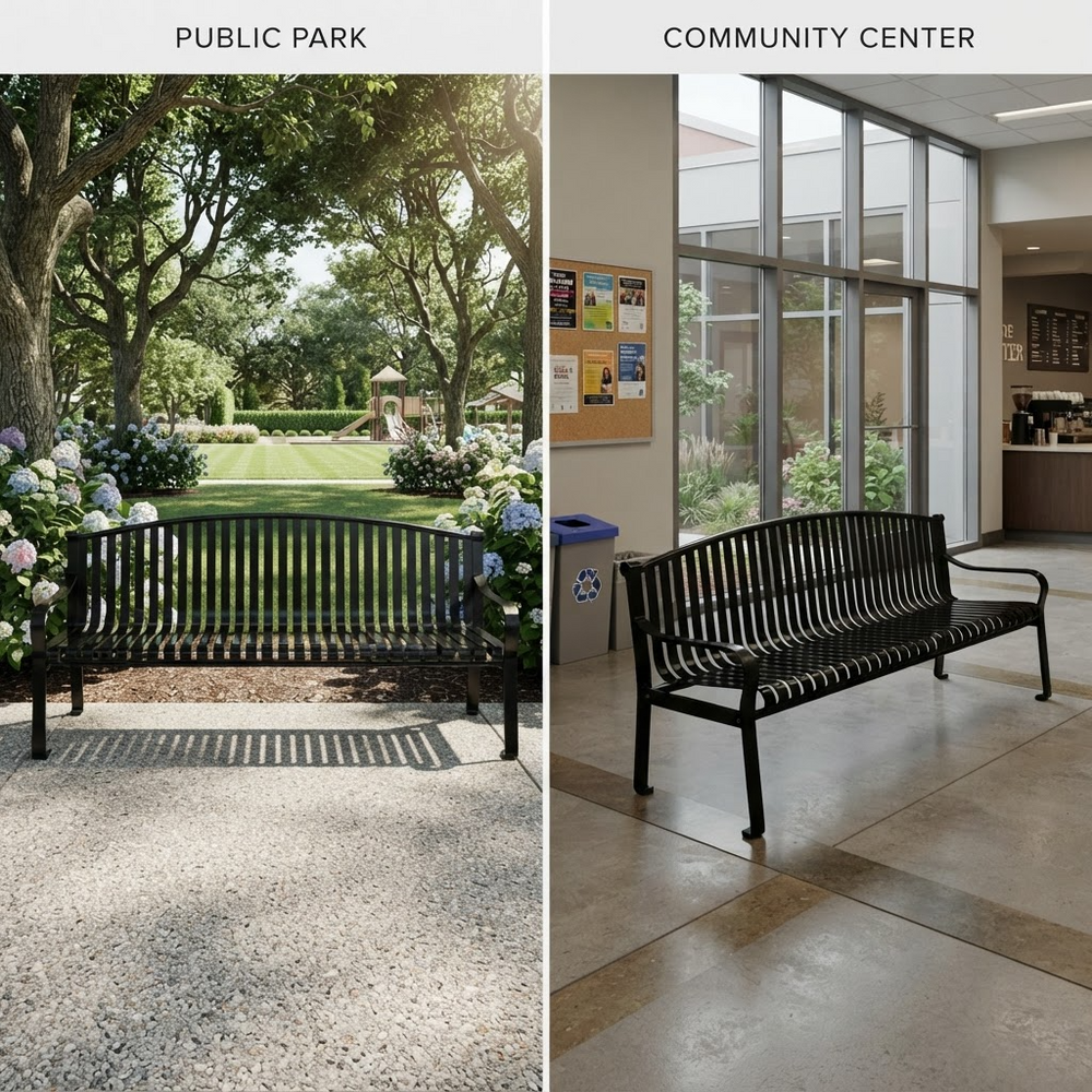 A split-screen comparison of a black metal slatted park bench in two settings: a public park with trees and flowers on the left, and a community center interior with large windows on the right.