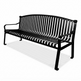 A black metal outdoor bench with a slatted back and seat, shown at an angle on a white background with a soft shadow.