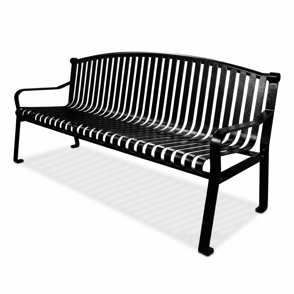 A black metal outdoor bench with a slatted back and seat, shown at an angle on a white background with a soft shadow.