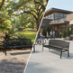 A split-screen comparison of a black metal bench in two different outdoor settings: a park with trees and a lake on the left, and a modern building entrance labeled 'COMMUNITY HUB' with people and bicycles on the right.