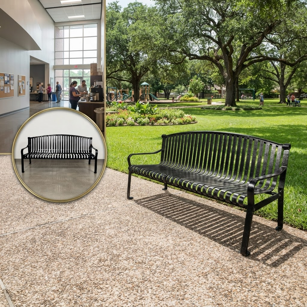 A black metal slat bench shown outdoors on a park lawn and plaza, with a circular inset showing the bench from the back in an indoor setting.
