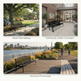 A three-panel collage showing a black slatted park bench in different real-world settings: a public park with trees and a playground, a community center courtyard, and a riverfront promenade with a city skyline in the background. Text labels identify each scene.