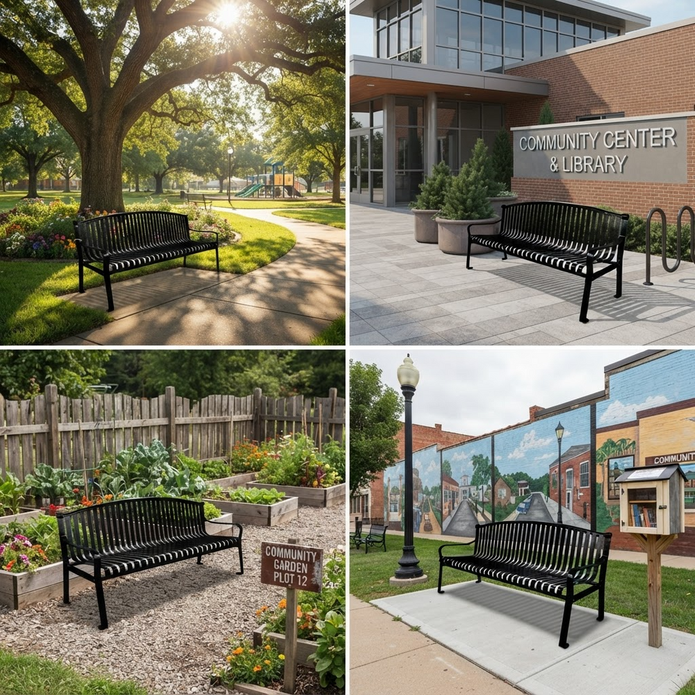 A four-panel collage showing a black metal slatted bench in different real-world outdoor settings: a park under a large tree, outside a community center and library, in a garden bed, and beside a mural wall.