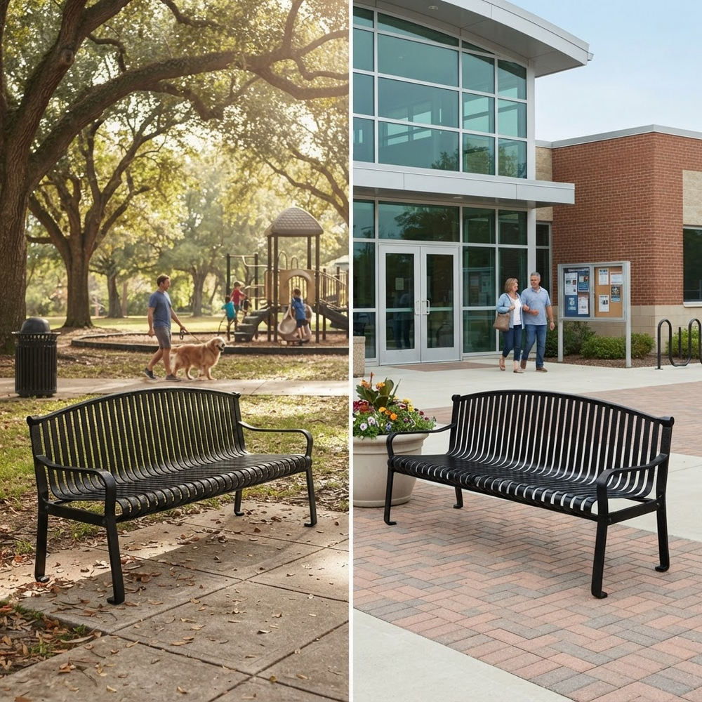 A split-screen collage showing a black metal outdoor bench in two real-world settings: a park with trees, a dog, and people, and a modern brick building entrance with people walking nearby.