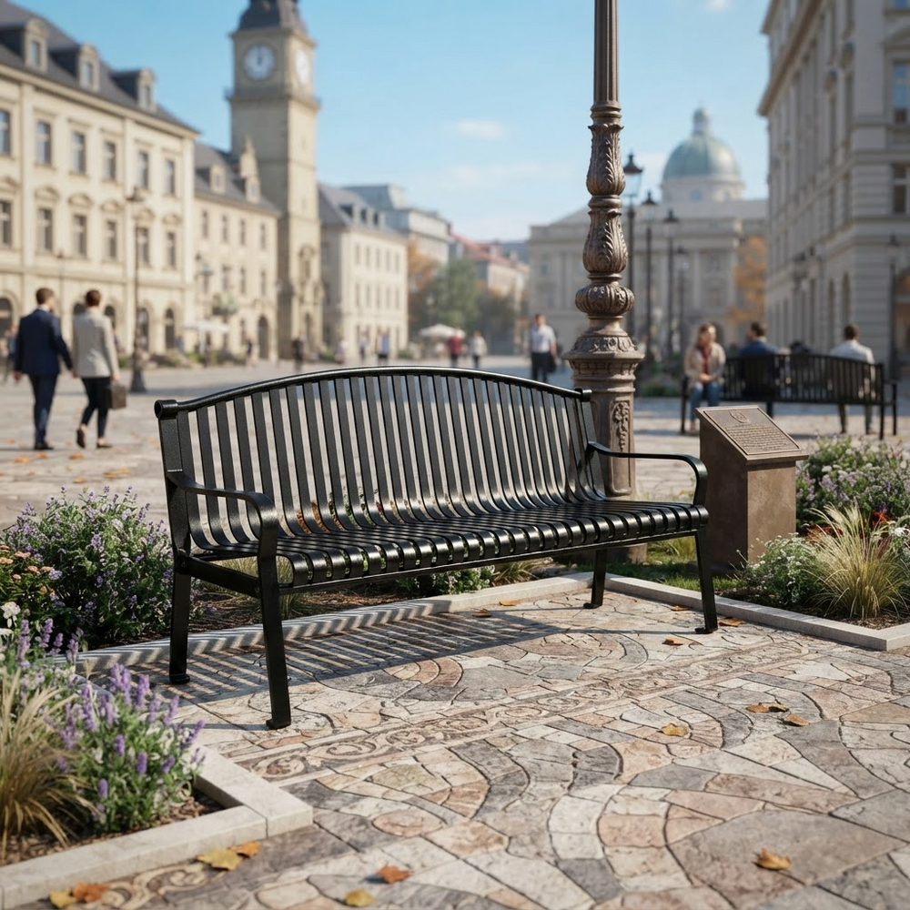 A black metal slatted park bench in a city plaza, shown in a real outdoor environment with people, buildings, a lamppost, and landscaping in the background.