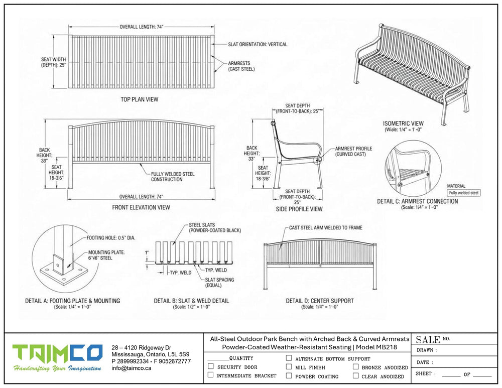 Technical specification sheet and dimension diagram for a Trimco All-Steel Outdoor Park Bench with Arched Back & Curved Arms, showing top plan, side elevation, front elevation, and detail views with measurements on a white background.