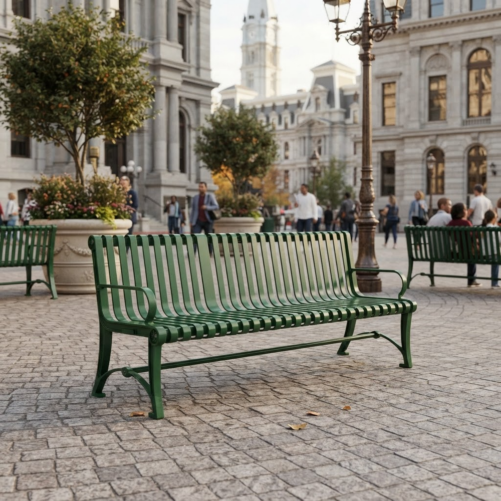 A green metal park bench in the foreground of a city plaza with stone paving, large classical buildings, trees, and blurred pedestrians in the background.