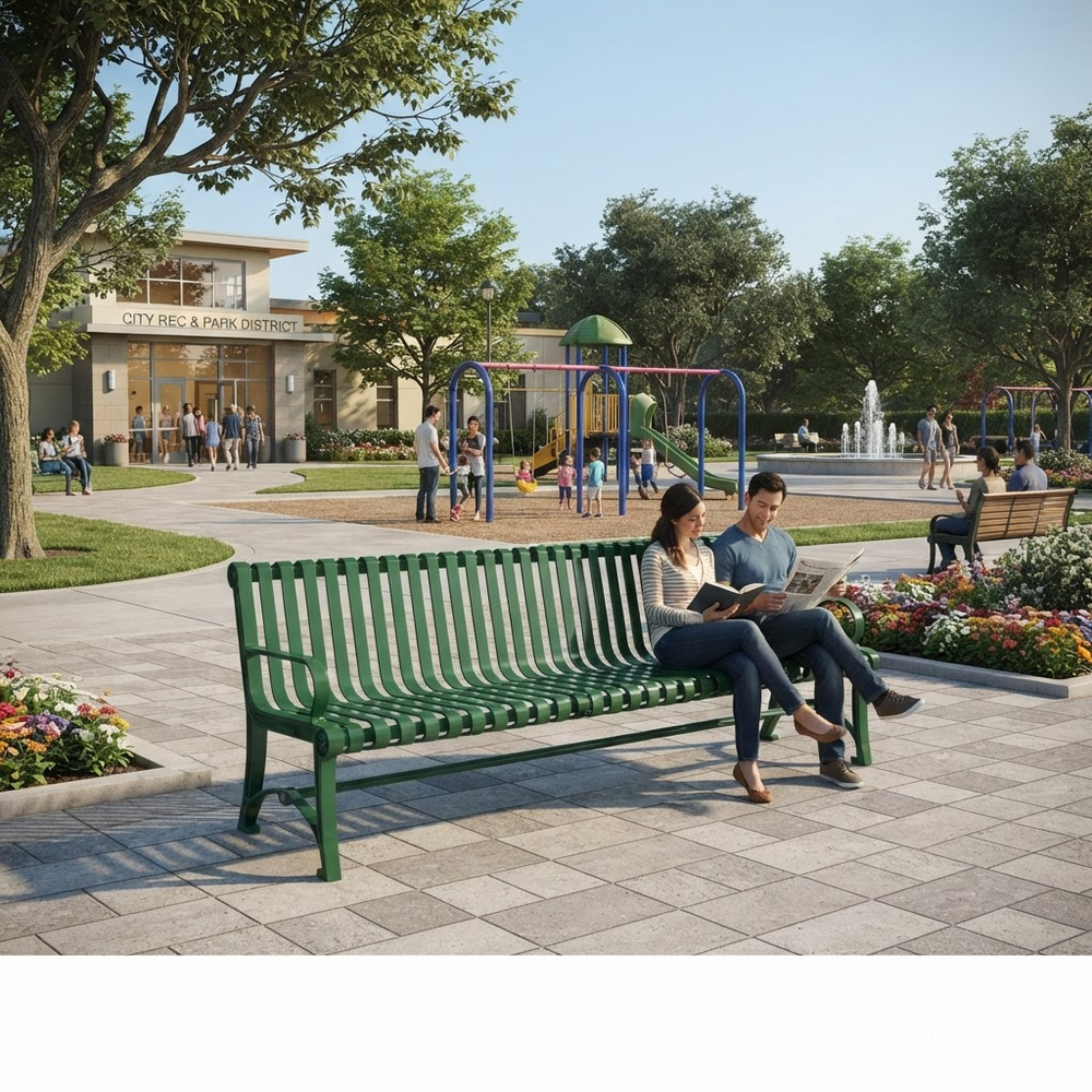 A green slatted outdoor park bench in a landscaped plaza, with two people sitting and reading on the bench. Trees, flowers, a playground, and a building are visible in the background.