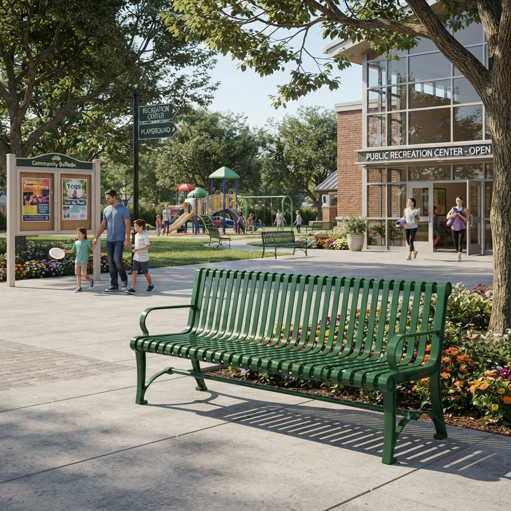 A green slatted outdoor bench in the foreground of a sunny park scene with people walking near a public recreation center, trees, flowers, and playground equipment in the background.