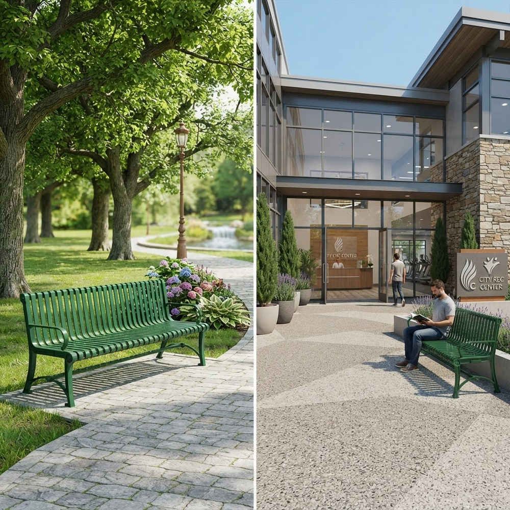 A split-screen image showing a green metal park bench in two contexts: on the left, it is pictured in a lush green park with trees and a stone path; on the right, it is shown in a modern building courtyard with a person sitting on it.