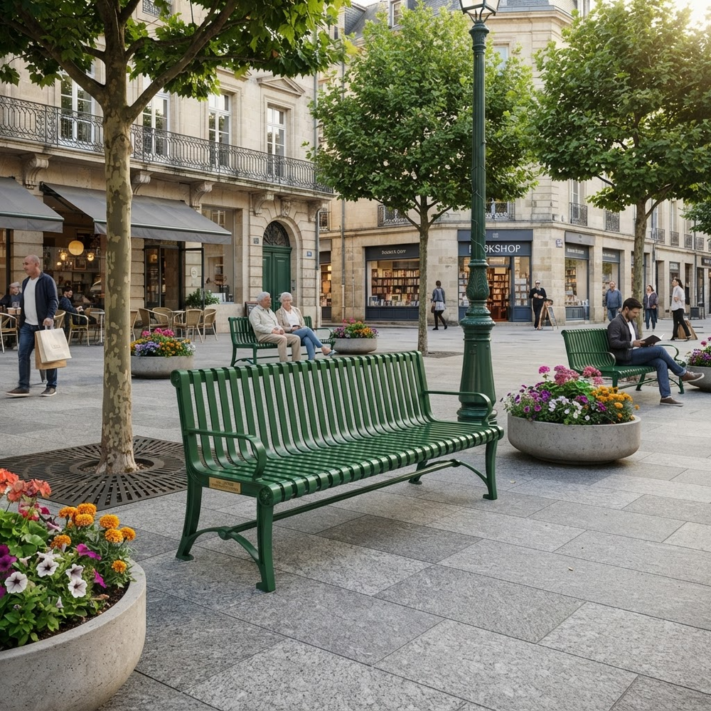 A green metal park bench sits on a paved city plaza with trees, flower planters, and people seated nearby, with buildings and storefronts in the background.