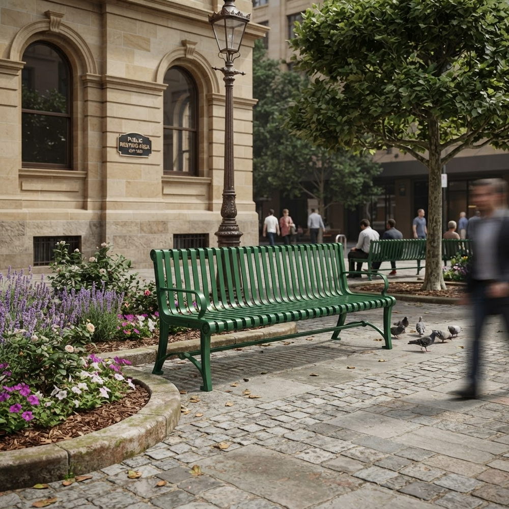 A green slatted outdoor bench in a city plaza with stone paving, flower beds, trees, and a historic stone building in the background. A blurred person walks on the right, and other people are visible in the distance.