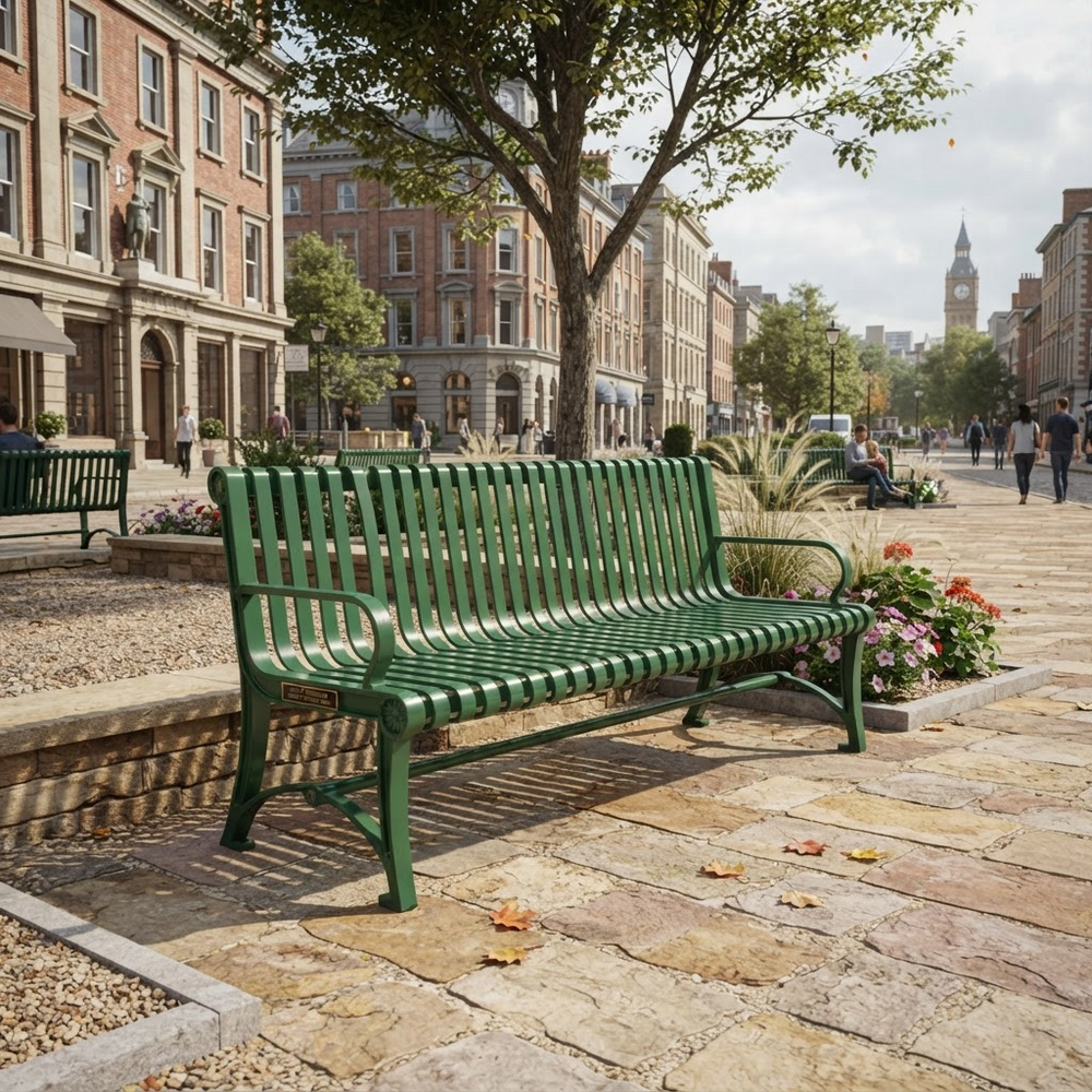 A green metal park bench with a slatted back and seat, situated on a stone-paved public square with historic brick buildings, trees, and distant people in the background.