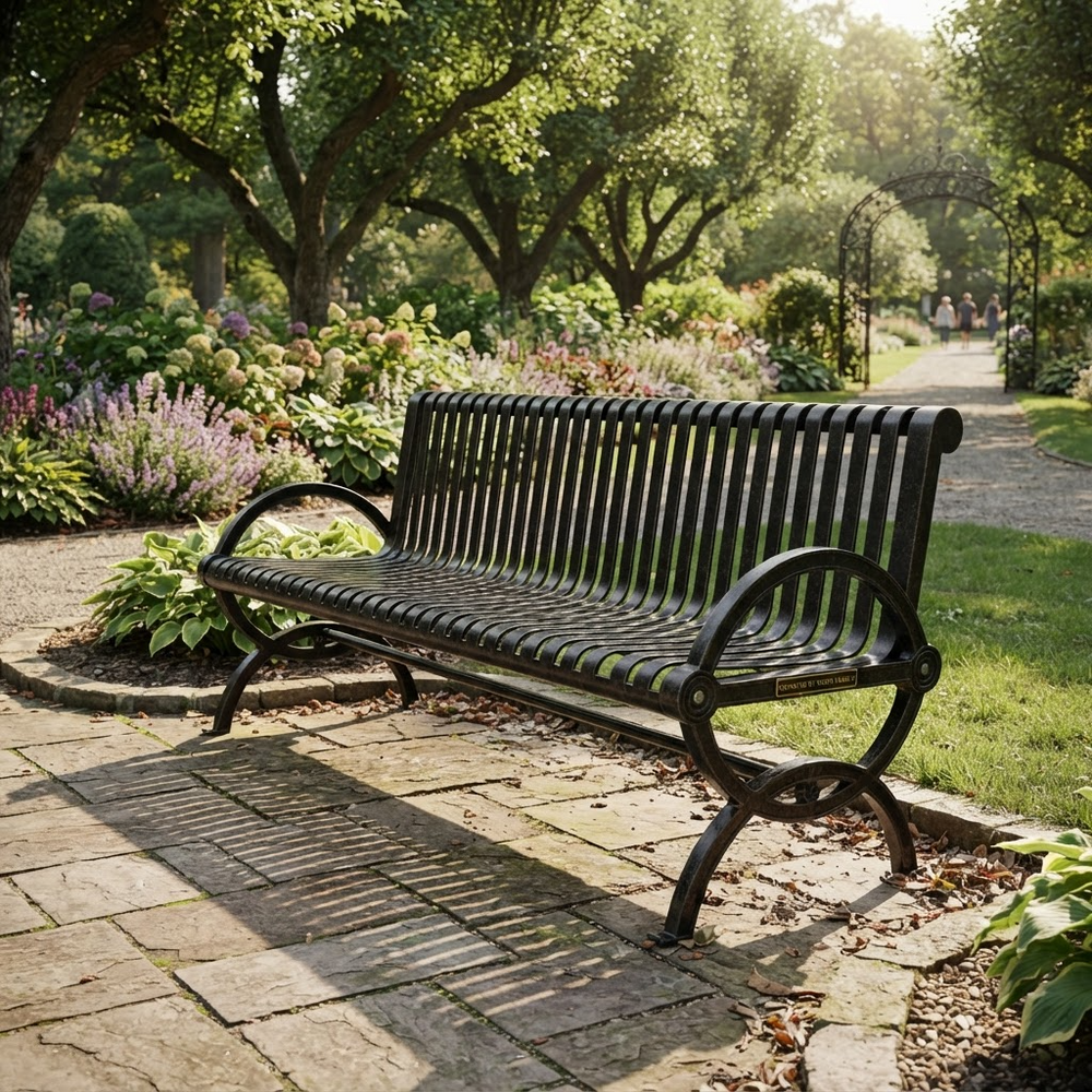 A black metal park bench with curved armrests sits on a stone pathway in a lush garden with trees, flowers, and a path in the background.