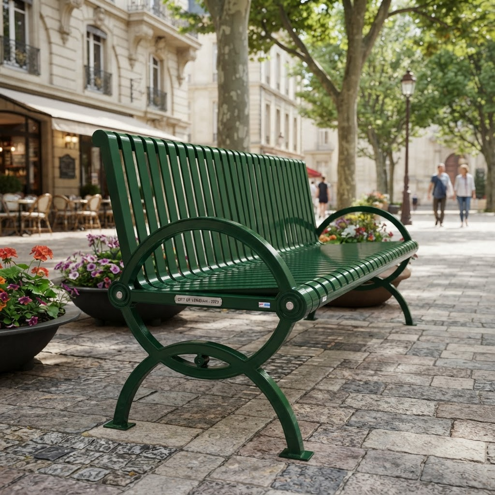 A green outdoor park bench with curved armrests and a slatted back, placed on a stone walkway in a city setting with trees, buildings, and distant pedestrians.