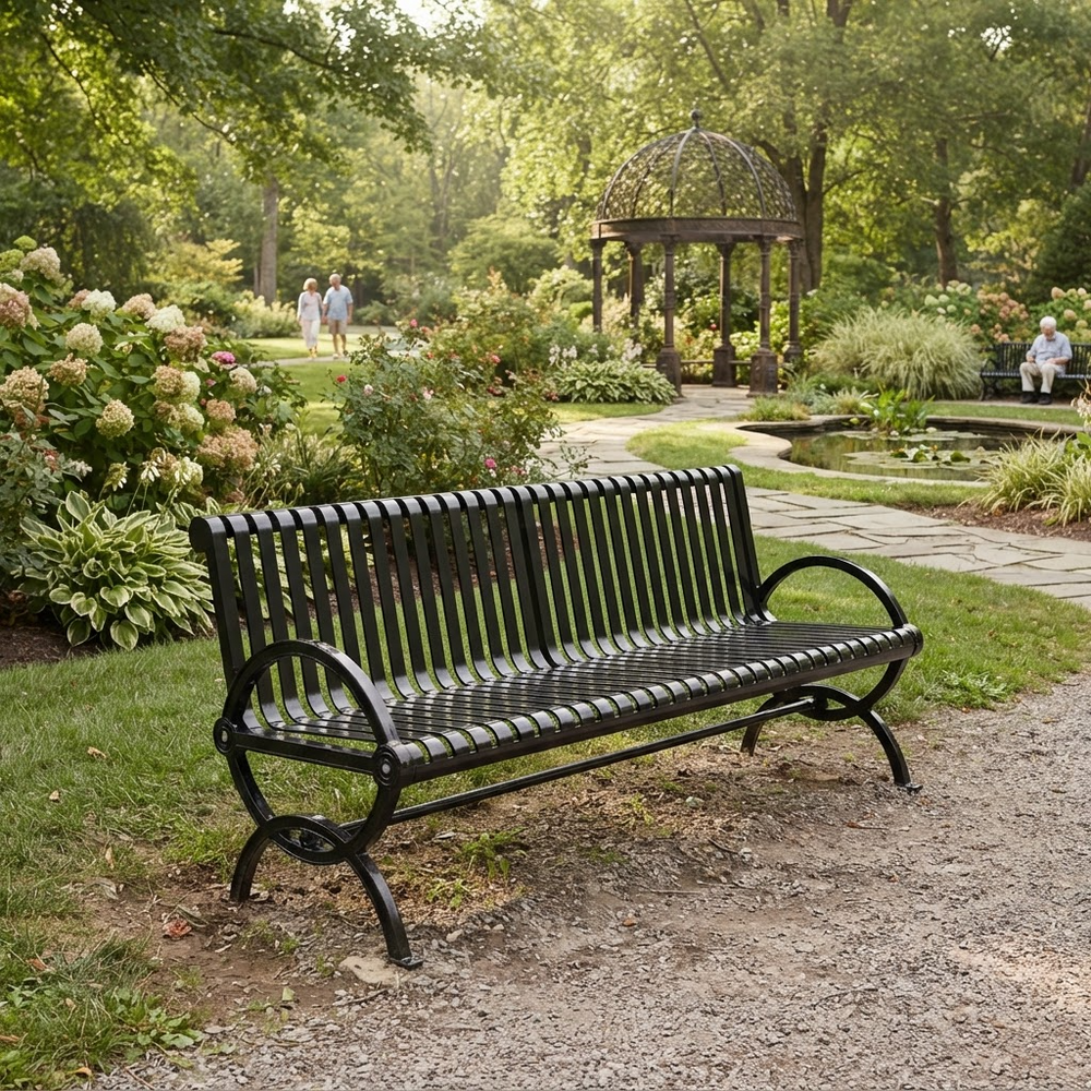 Blue decorative steel outdoor bench with scroll armrests