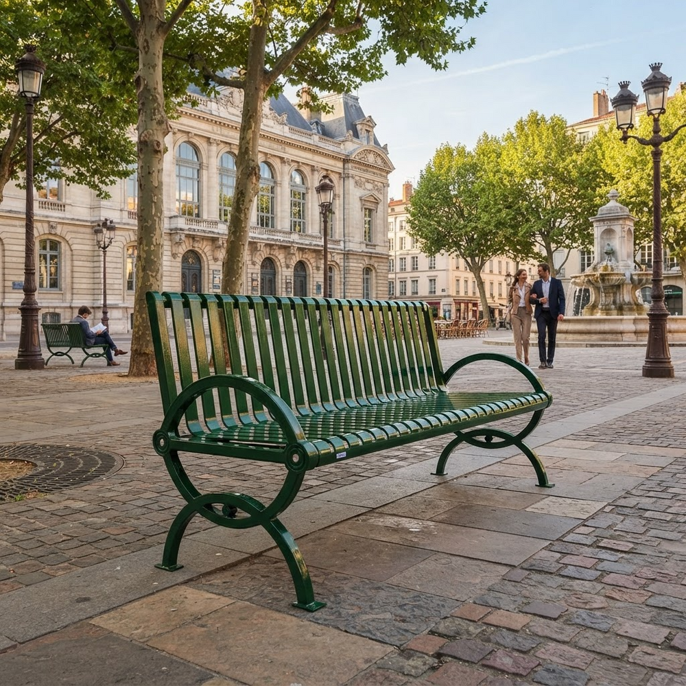 A green metal park bench with curved armrests sits on a stone plaza in a city square, with trees, historic buildings, and a fountain in the background.