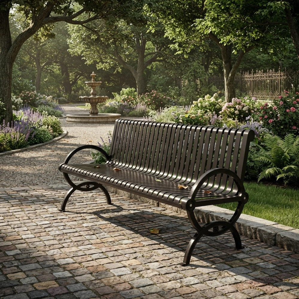 Weather‑resistant blue steel bench for public spaces
