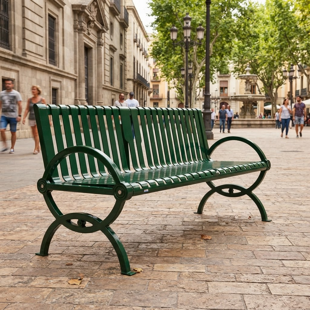 Modern decorative park bench with welded steel frame