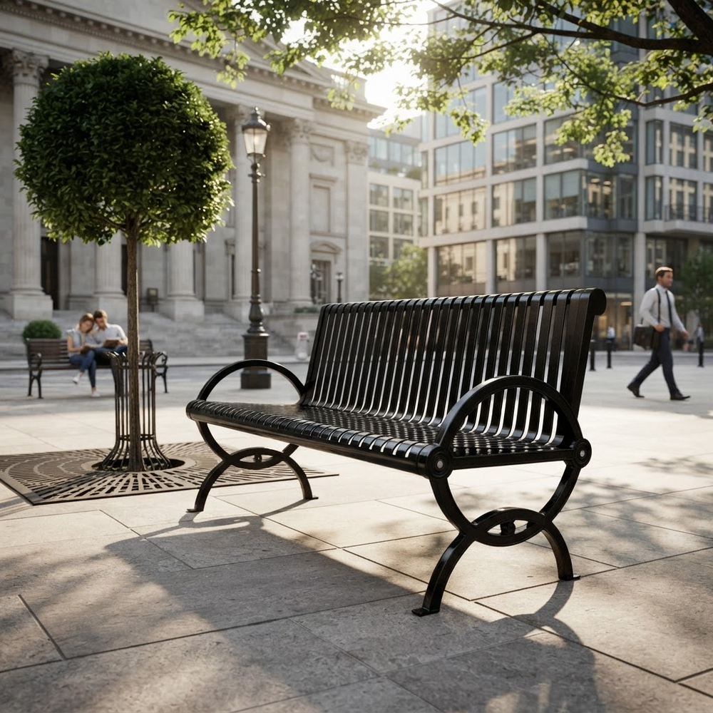 A black metal park bench with curved armrests and slatted back is shown in a sunlit urban plaza. A person walks in the background near modern buildings and trees, with the bench casting a strong shadow on the pavement.