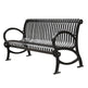A black metal park bench with a slatted back and seat, curved armrests, and a sturdy frame, shown on a plain white background.