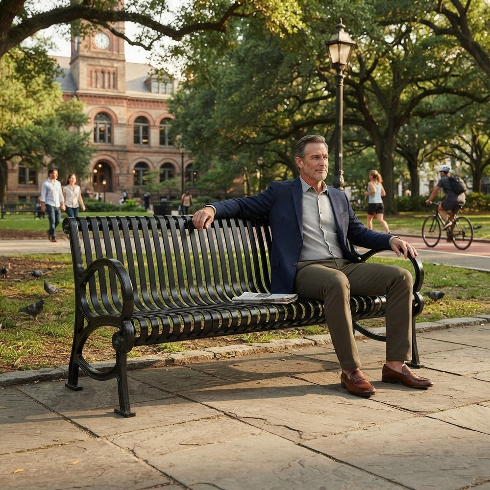 A man in a navy blazer and khaki pants sits on a black metal park bench in a campus setting, with a historic brick building, trees, and other people in the background.