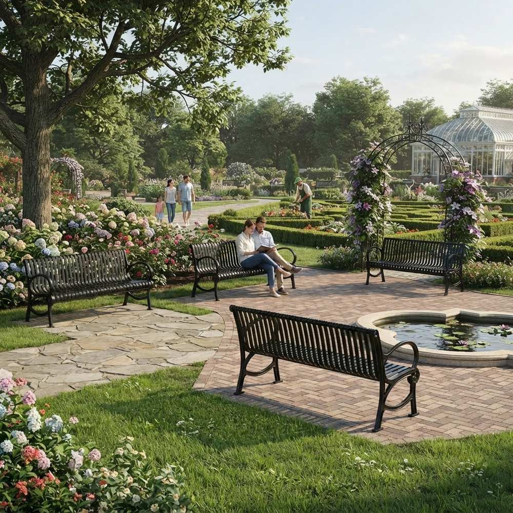 A landscaped garden scene with multiple black metal benches, flower beds, stone pathways, a small pond, and a greenhouse in the background. Two people are seated on a bench in the midground, and the scene is rendered in a polished, realistic outdoor environment.