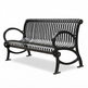 A black metal park bench with a slatted back and seat, curved armrests, and a sturdy frame, shown on a plain white background.