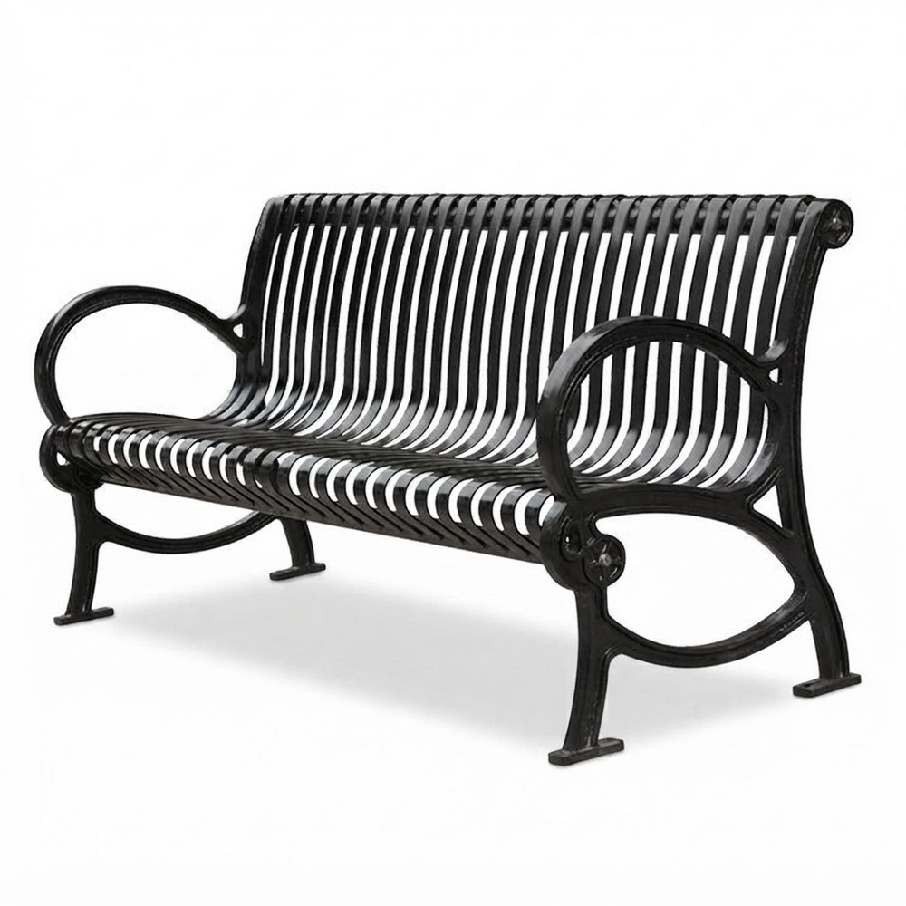A black metal park bench with a slatted back and seat, curved armrests, and a sturdy frame, shown on a plain white background.