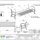 Technical drawing and specification sheet for a Trimco powder-coated outdoor park bench, showing labeled dimensions, assembly notes, and a parts table on a white background.