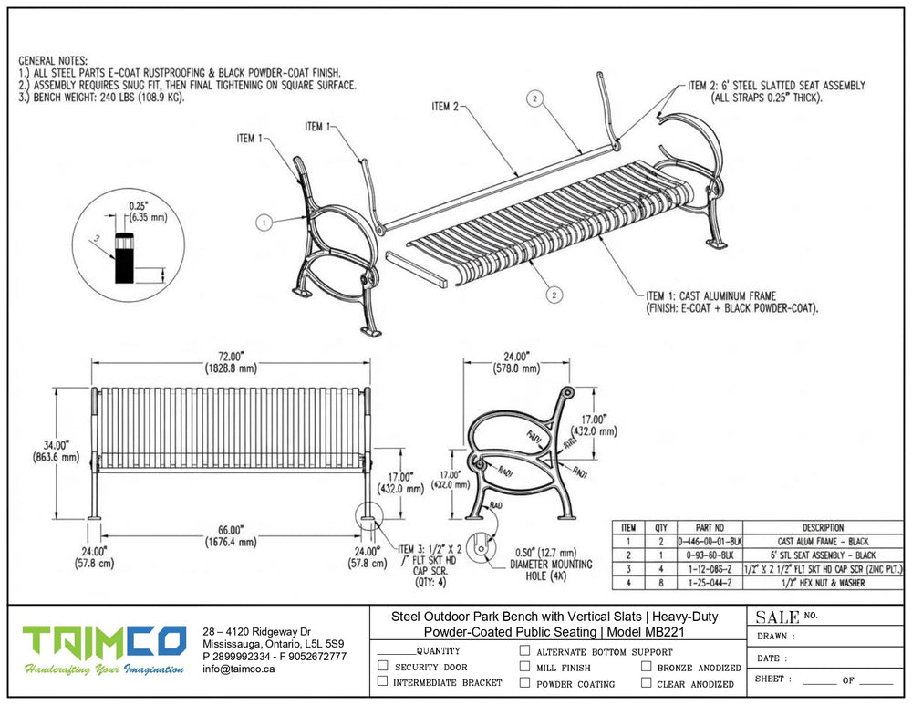 Technical drawing and specification sheet for a Trimco powder-coated outdoor park bench, showing labeled dimensions, assembly notes, and a parts table on a white background.