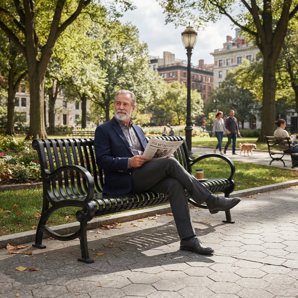 A man with a gray beard sits on a black metal park bench reading a newspaper in a sunny, tree-lined city park. He is wearing a navy blazer, a patterned shirt, and dark trousers.