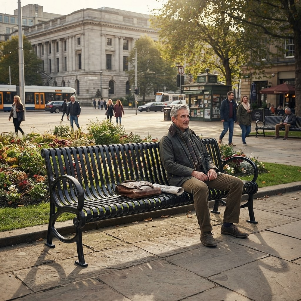 A man sits on a black metal park bench in a city square, wearing a dark jacket and brown trousers. A brown leather bag rests on the bench beside him.