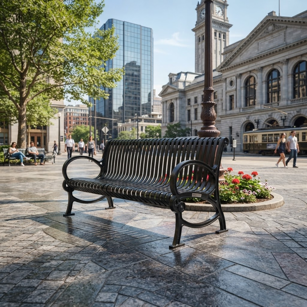 A black metal park bench in a city plaza, with a stone clock tower building, trees, and pedestrians in the background.