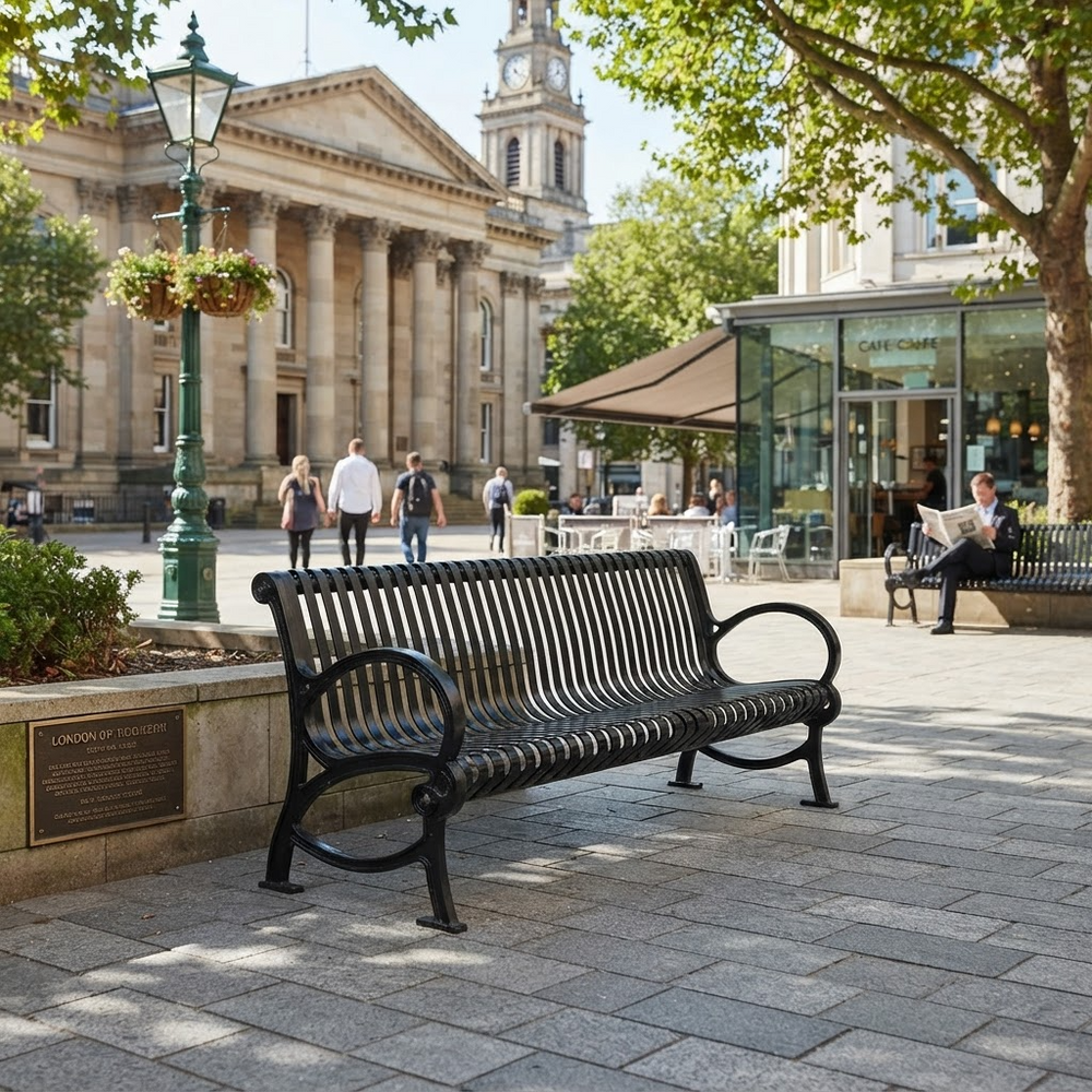 A black metal slatted park bench in a paved public square, with a stone classical building, trees, a lamp post, and a cafe in the background. A person sits on a bench at the cafe while another person walks nearby.