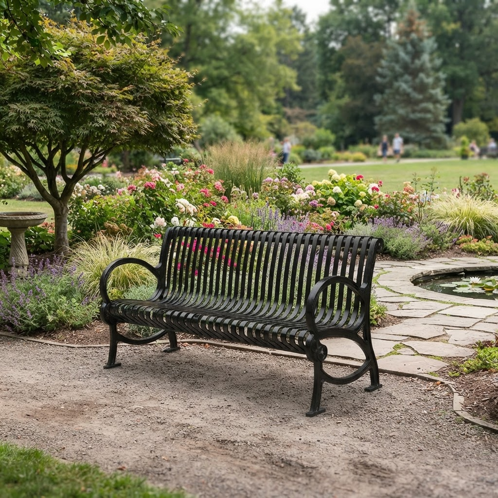 A black metal slatted park bench sits on a gravel path in a landscaped garden with flowers, trees, and a stone walkway.