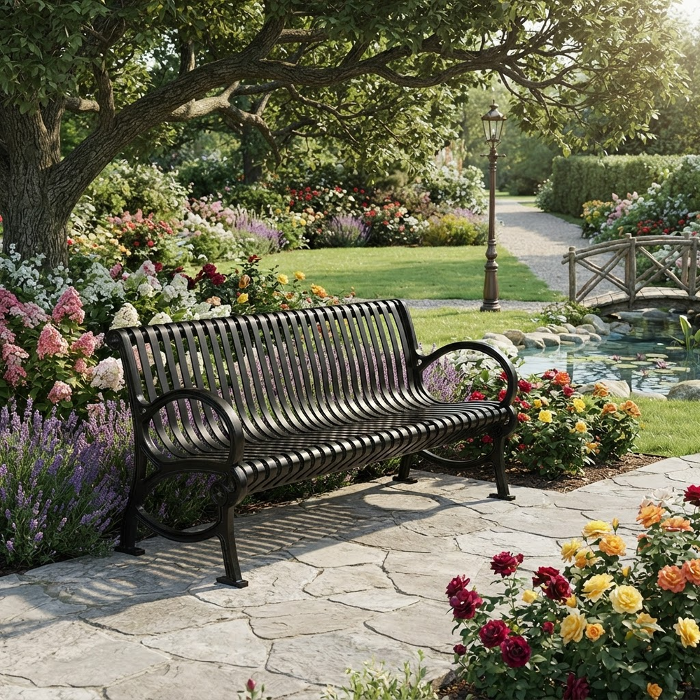 A black metal garden bench with curved armrests sits on a stone pathway in a lush, colorful garden with flowers, trees, and a pond.