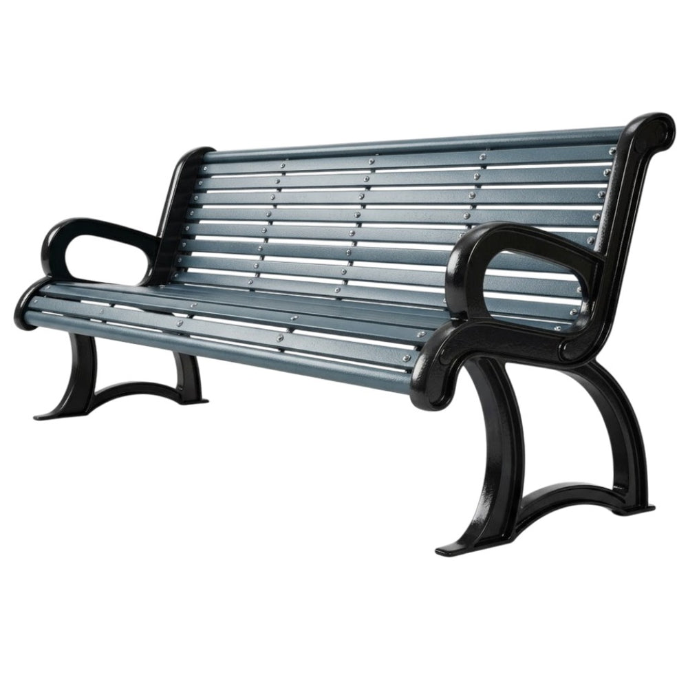A modern outdoor bench with a dark gray slatted seat and backrest, supported by a black metal frame with curved armrests and legs, shown on a plain white background.