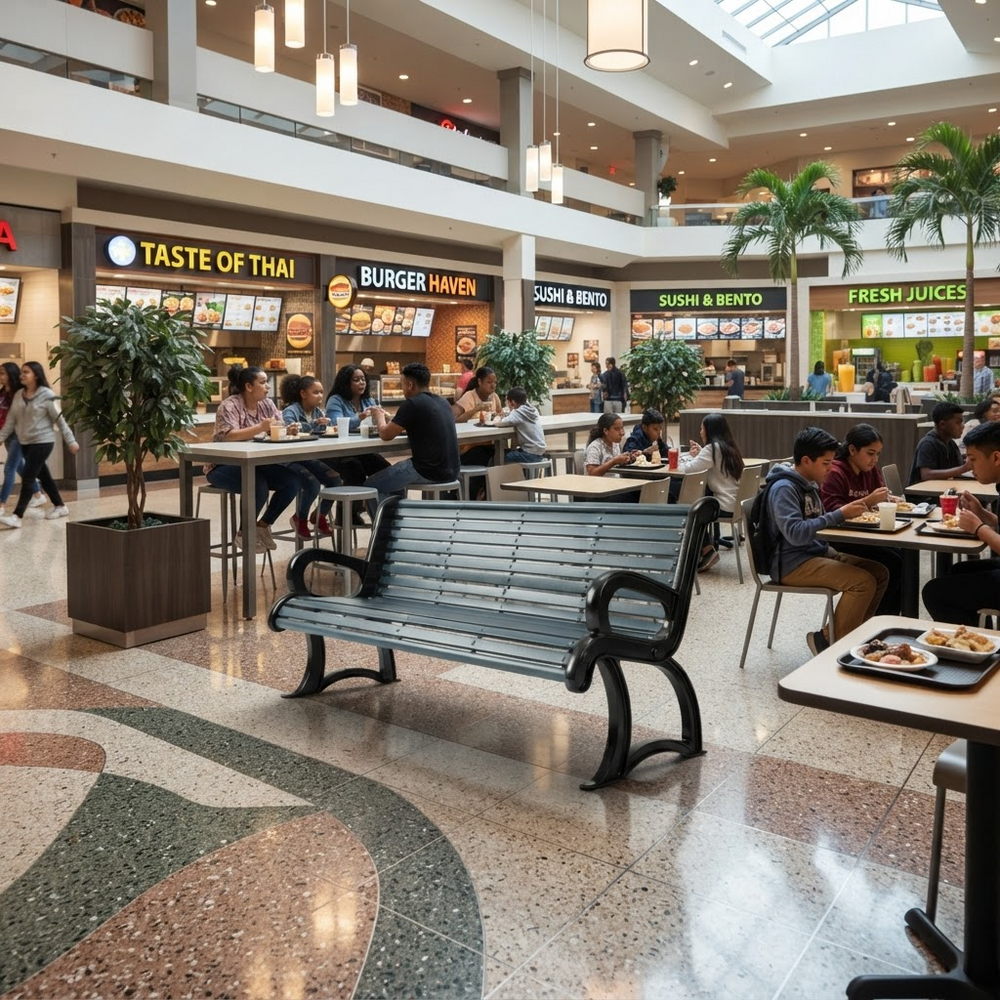 A modern gray slatted bench with black metal armrests sits in a bright, multi-level shopping mall food court. Several people are seated at tables nearby, and various restaurant storefronts are visible in the background.