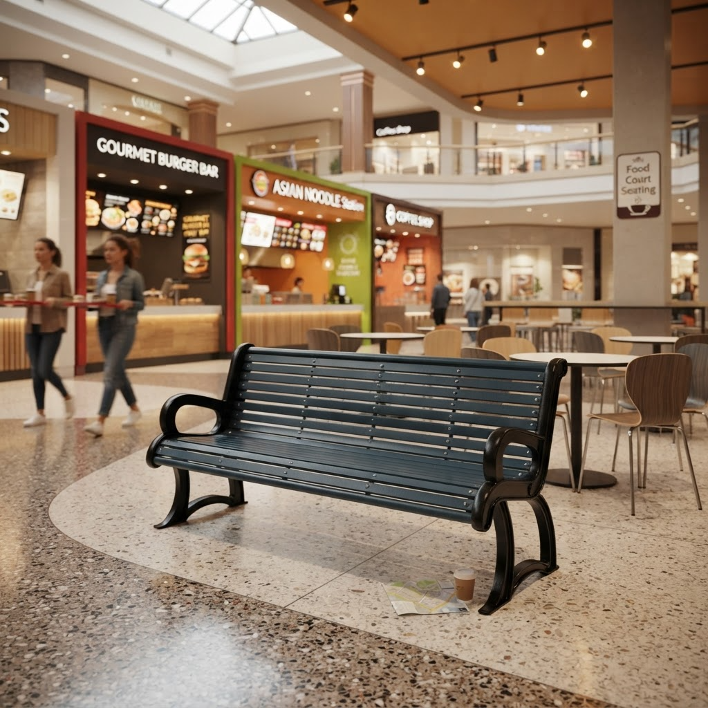 A dark teal-green slatted outdoor-style bench with black armrests and legs, placed in a modern shopping mall atrium with food court tables and walkways visible in the background.